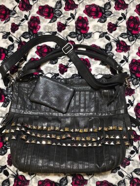 Black Leather Studded Fringe Shoulder Bag with Matching Coin Pouch Biker Punk